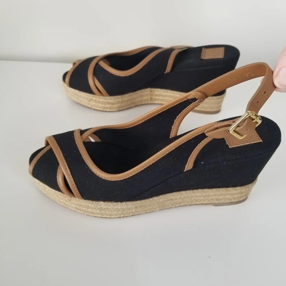 Tory Burch Majorca Peep Toe Sling Back Espadrille Wedges Size 9.5 Black/Tan